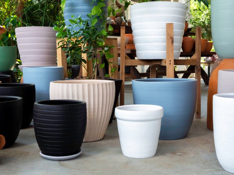 Various colorful plant pots in the shop